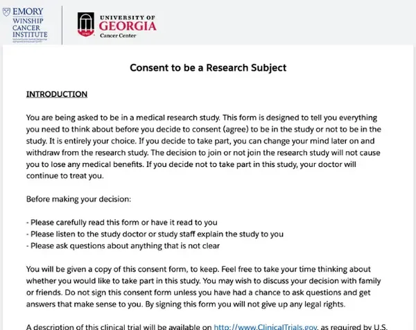 Consent to be a research subject form preview